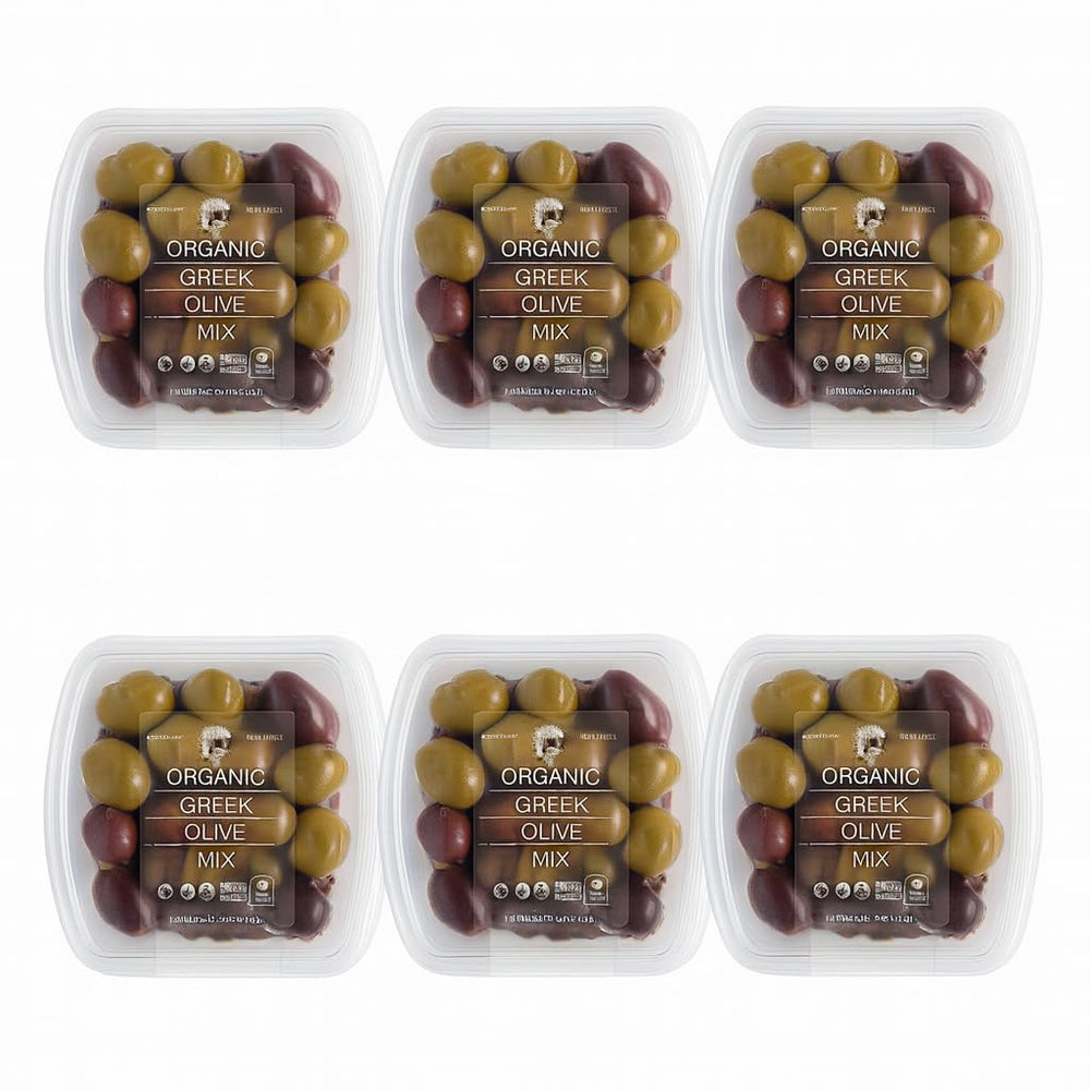 Divina Organic Greek Olive Mix in six-pack jars, ideal for antipasti and Mediterranean snacks.