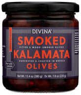 Divina smoked Kalamata olives in a jar showcase rich smoky flavor for antipasti.