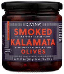 Divina smoked Kalamata olives in a jar showcase rich smoky flavor for antipasti.