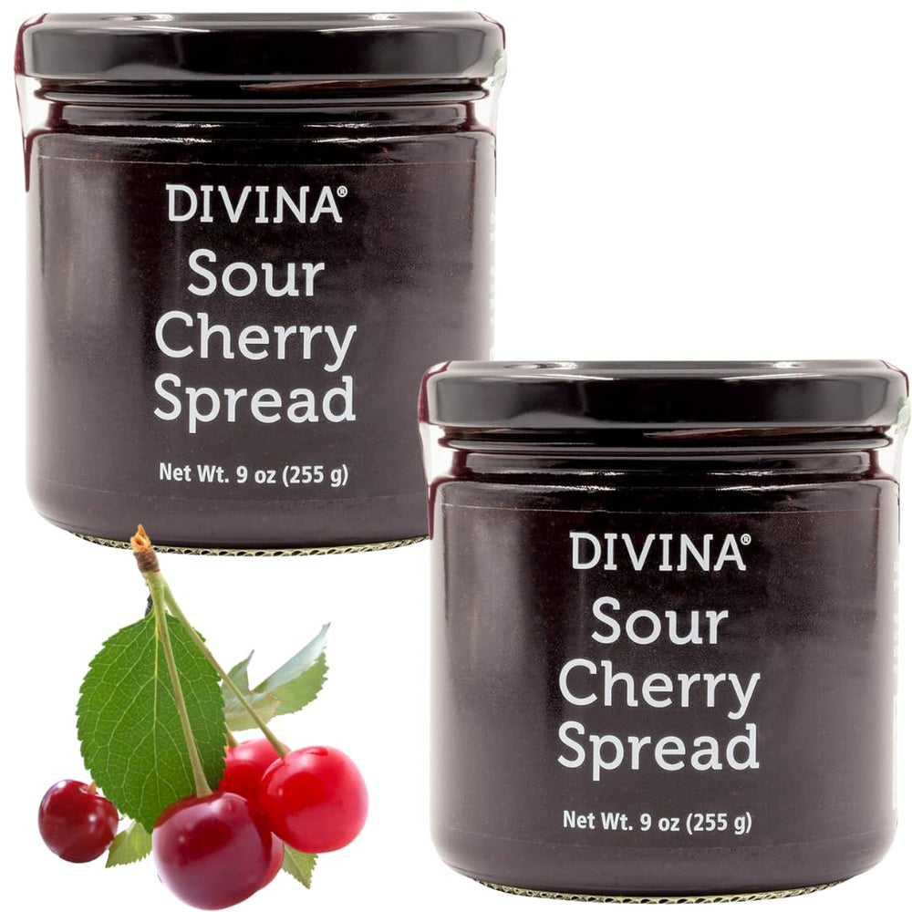 Divina sour cherry spread jam 2-pack box for pantry display and gifting.