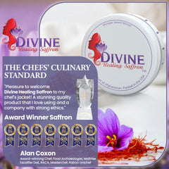 Divine Healing Saffron packaging tube highlighting quality and freshness for gourmet cooking.