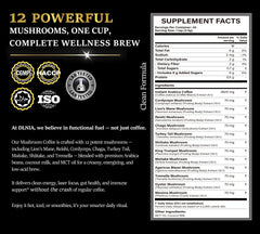 DLNIA 12-adaptogenic mushrooms closeup showing diverse ingredients for focus.