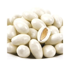 DM Sweets yogurt-covered almonds in package; resealable bag preserves freshness.