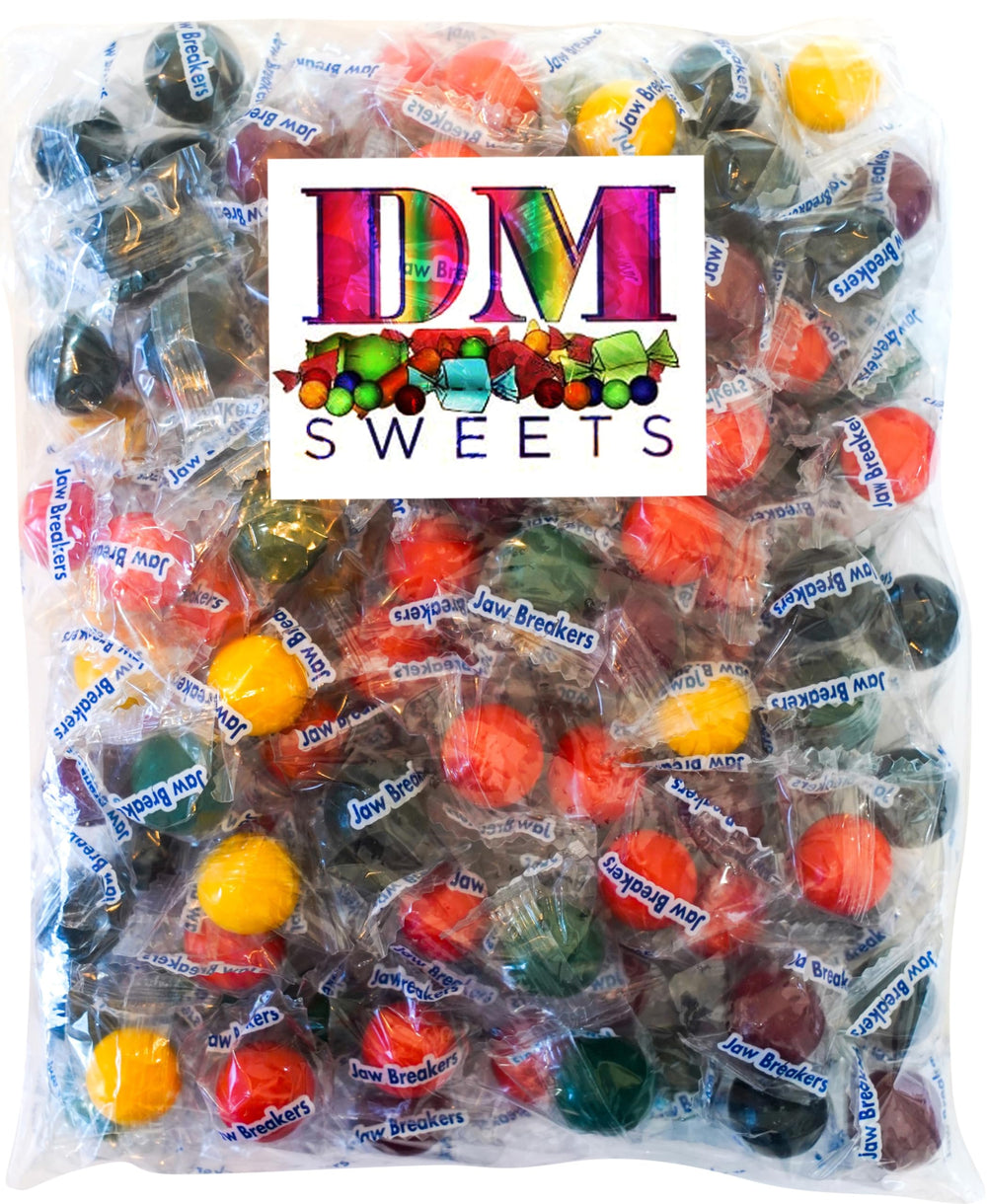 DM Sweets Jawbreakers assorted fruit flavors, individually wrapped suckers, ideal for party sharing.