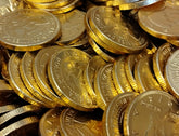 DM Sweets milk chocolate coins in gold foil packaging, ideal for gifting.