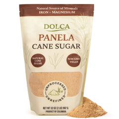 Dolca Panela sugar packaging highlights natural, unrefined sweetness for daily coffee and tea.