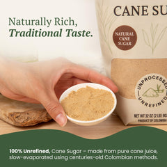 Dolca Panela sugar pouring action emphasizes 1:1 substitute in recipes.