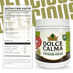 Close-up of Dolce Calma pistachio cream highlighting 30% pistachios.