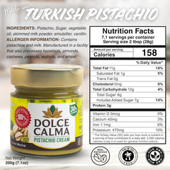 Dolce Calma pistachio cream spread shows 30% pistachios, perfect for rich fillings.