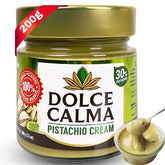 Dolce Calma pistachio cream spread in a glass jar, ideal for toast.
