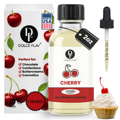 Dolce Flav Cherry Extract bottle close-up for rich cherry flavor in baking.