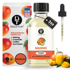 Dolce Foglia Mango Extract bottle shows alcohol-free mango flavor for baking and drinks.