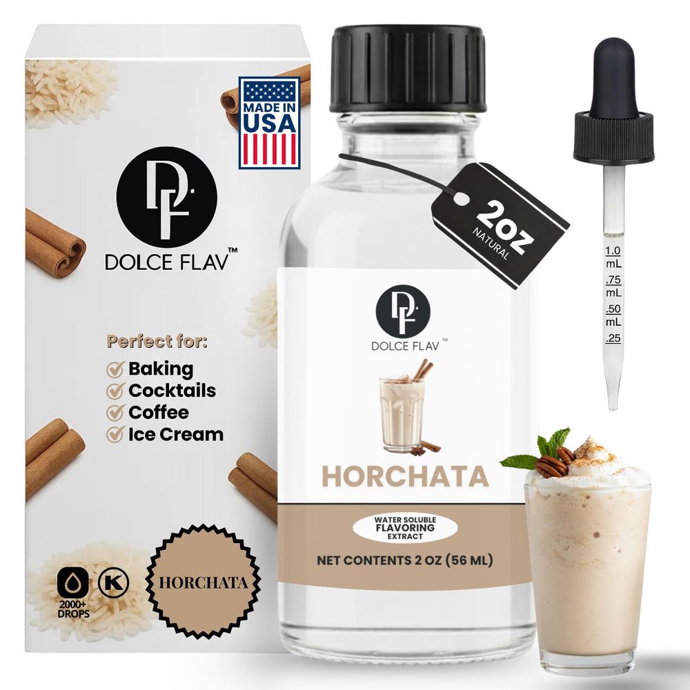 Dolce Flav horchata extract bottle front showing authentic cinnamon rice flavor