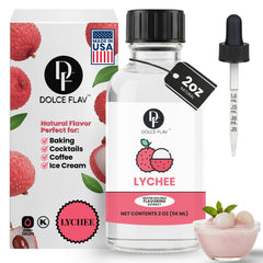 Dolce Flav Lychee Extract bottle showing tropical flavor for drinks and desserts.