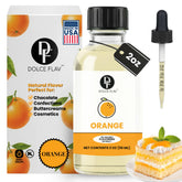 Dolce Flav natural orange extract bottle showing concentrated flavor for baking and desserts.