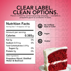 Dolce Flav natural red coloring bottle close-up highlights beet-derived pigment for beverages.