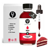 Dolce Flav natural red coloring dropper bottle shows clean-label, plant-based color for desserts.