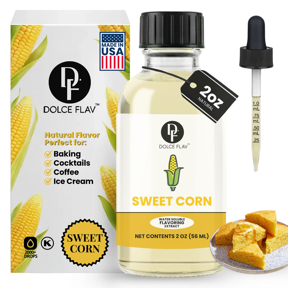 Dolce Flav sweet corn extract bottle pouring for garden-fresh flavor in baked goods.