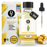 Dolce Flav sweet corn extract bottle pouring for garden-fresh flavor in baked goods.