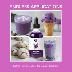 Dolce Flav Ube flavoring pour adds vibrant color for drinks.