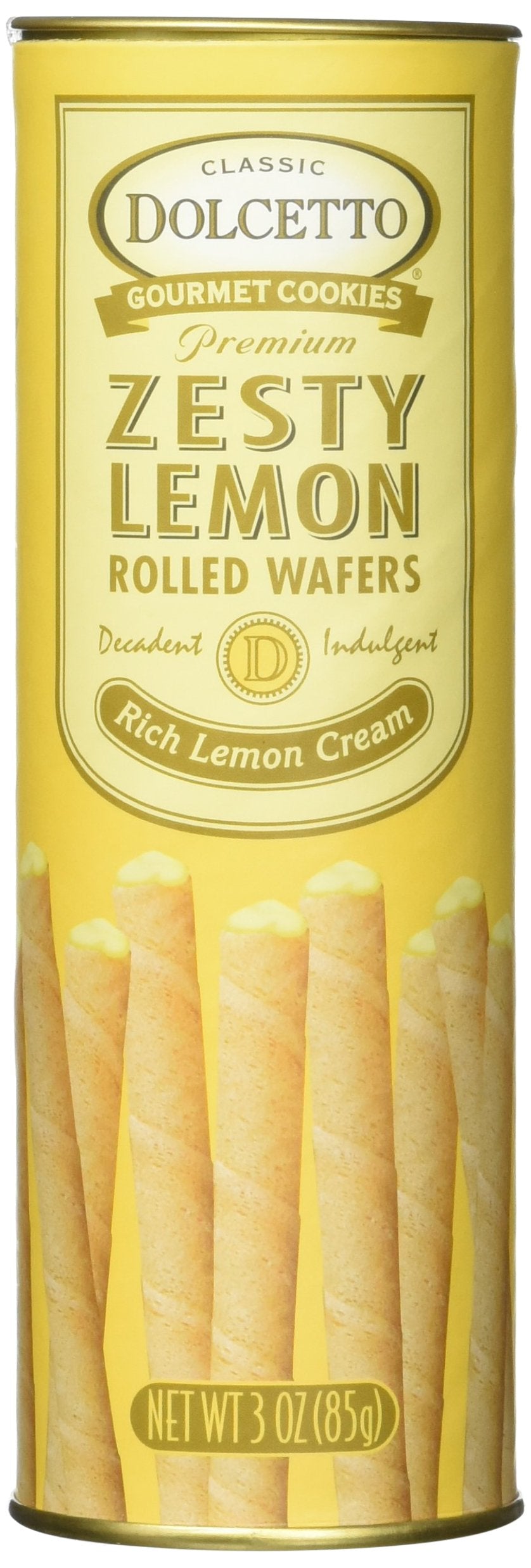 Dolcetto Zesty Lemon Rolled Wafers packaging highlights premium gifting and snacking.