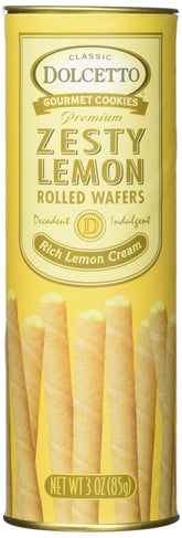 Dolcetto Zesty Lemon Rolled Wafers packaging highlights premium gifting and snacking.