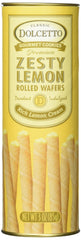Dolcetto Zesty Lemon Rolled Wafers packaging highlights premium gifting and snacking.