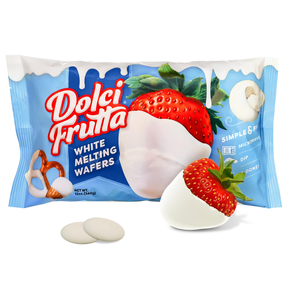 Dolci Frutta white melting wafers in a microwave bowl for quick, creamy dipping
