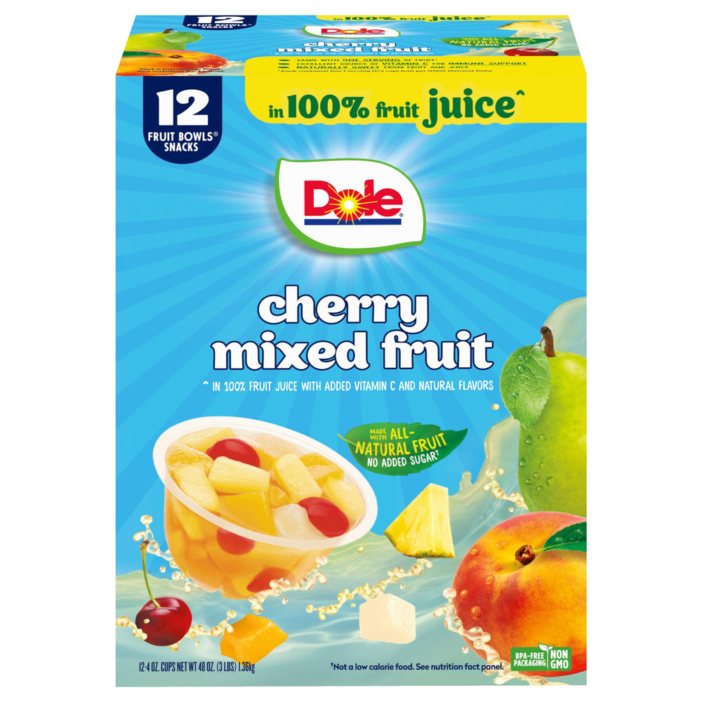 Dole cherry mixed fruit in juice cups top view, ready-to-eat snack.