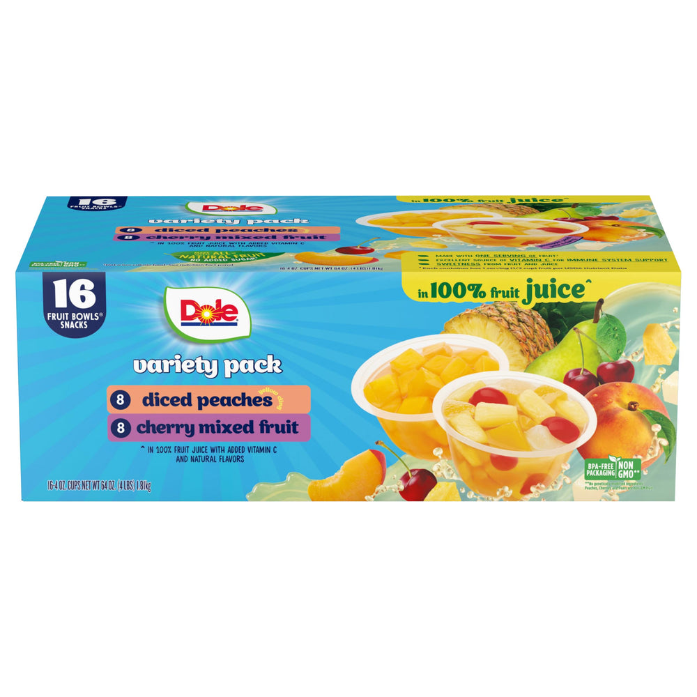 Dole diced peaches and cherry mixed fruit in 4oz bowl, vitamin C-rich snack.
