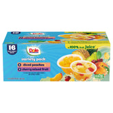 Dole diced peaches and cherry mixed fruit in 4oz bowl, vitamin C-rich snack.