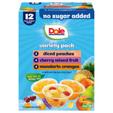 Dole diced peaches, mandarins, and cherries in a no sugar added bowl—convenient snack.