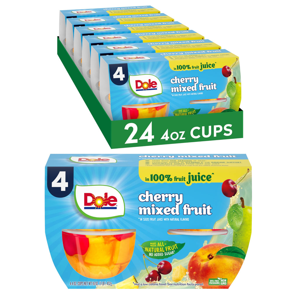 DOLE Cherry Mixed Fruit in 100% Juice cups, ready-to-snack in a lunchbox