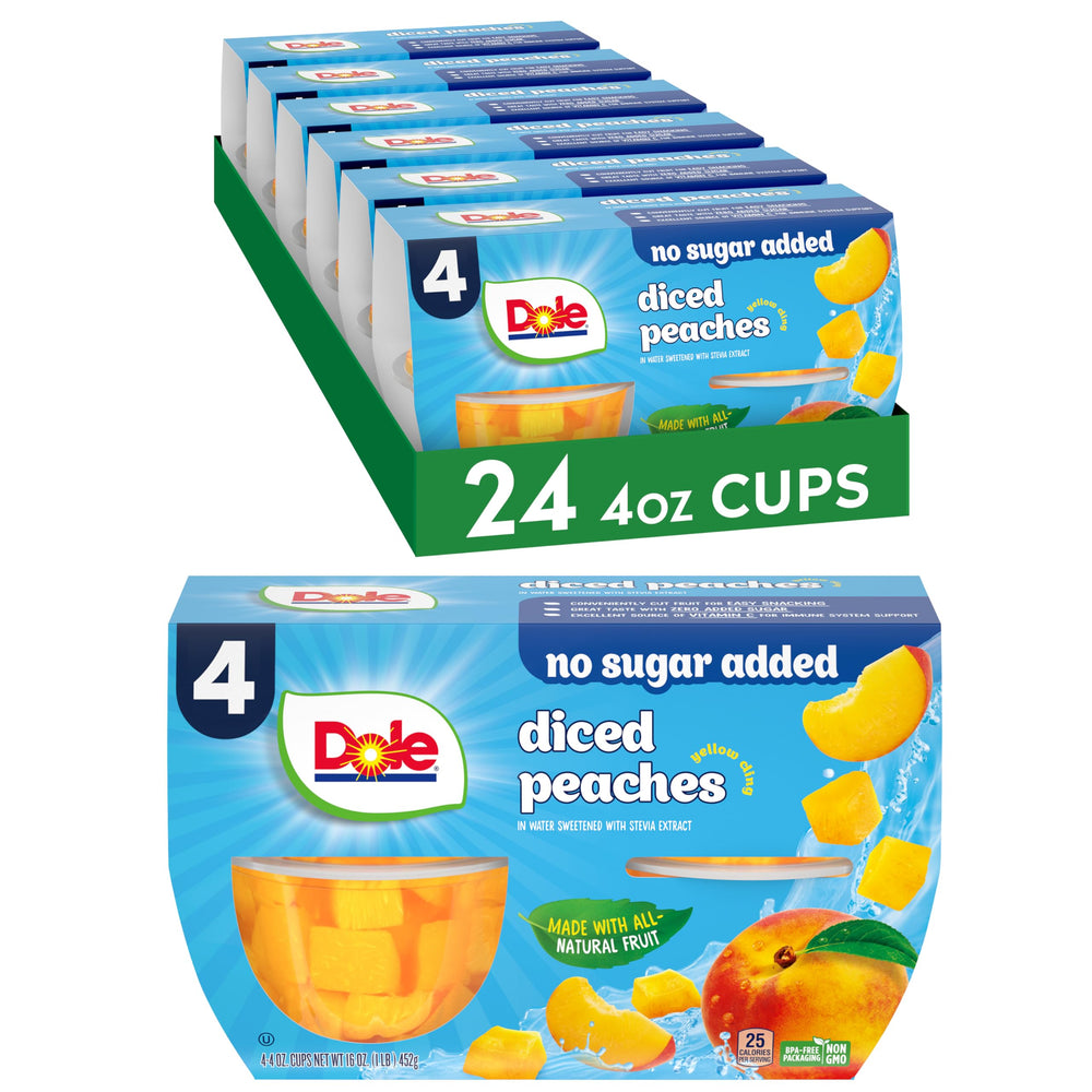 Dole Fruit Bowls diced peaches in a 4oz cup for a healthy snack