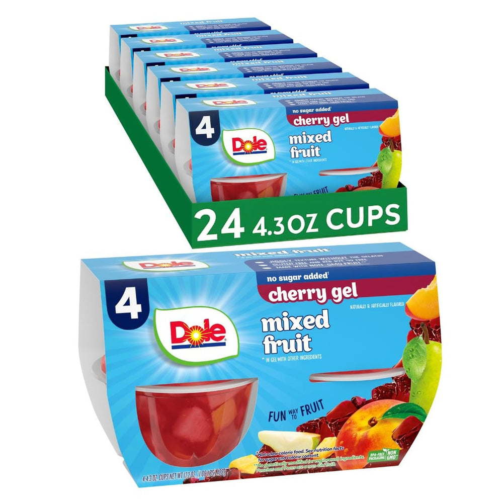 Dole Fruit Bowls mixed fruit in cherry gel cups for convenient snacking.