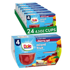 Dole Fruit Bowls mixed fruit in cherry gel cups for convenient snacking.