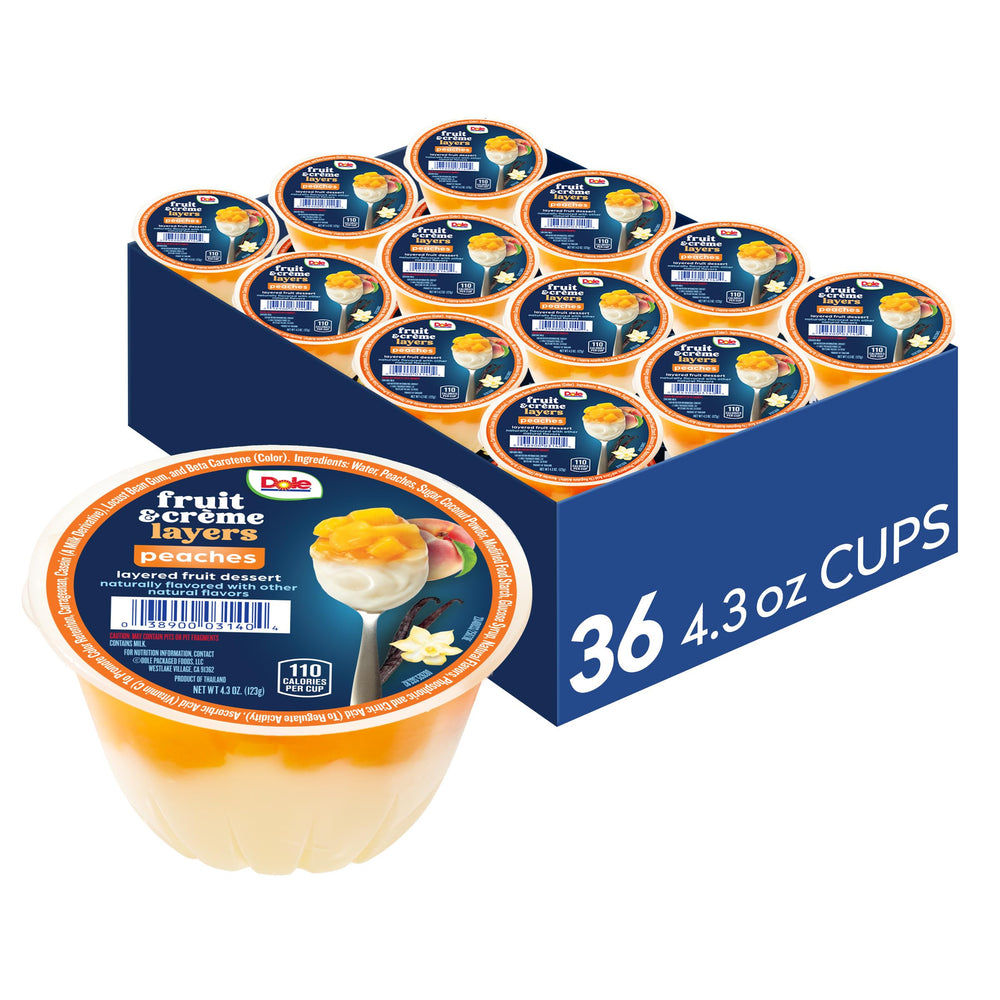 DOLE Peaches & Creme Parfait cups with real fruit and creamy layer, ideal for on-the-go.