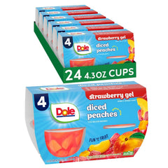 DOLE Fruit Bowls peaches in strawberry gel, ready for a quick lunchbox snack.