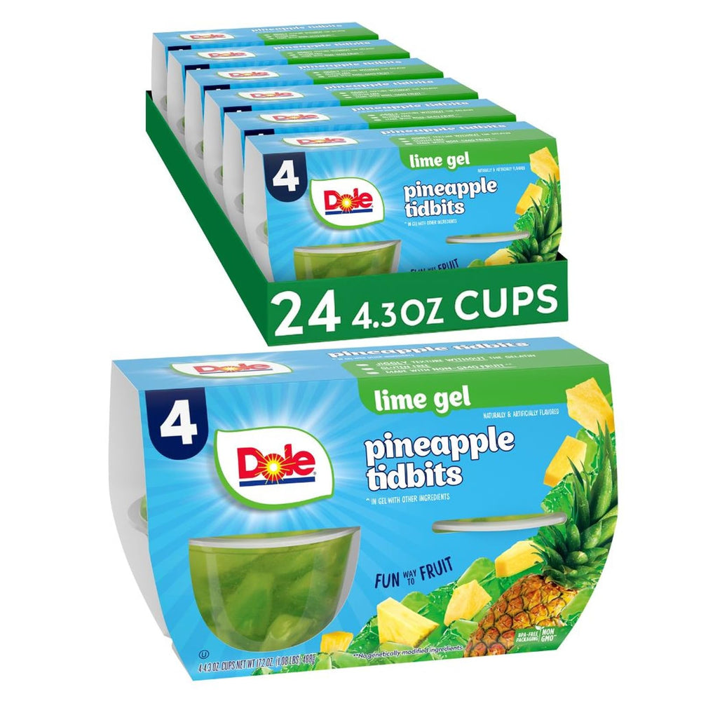Dole Pineapple in Lime Gel cups on shelf provide gluten-free convenient snacks.