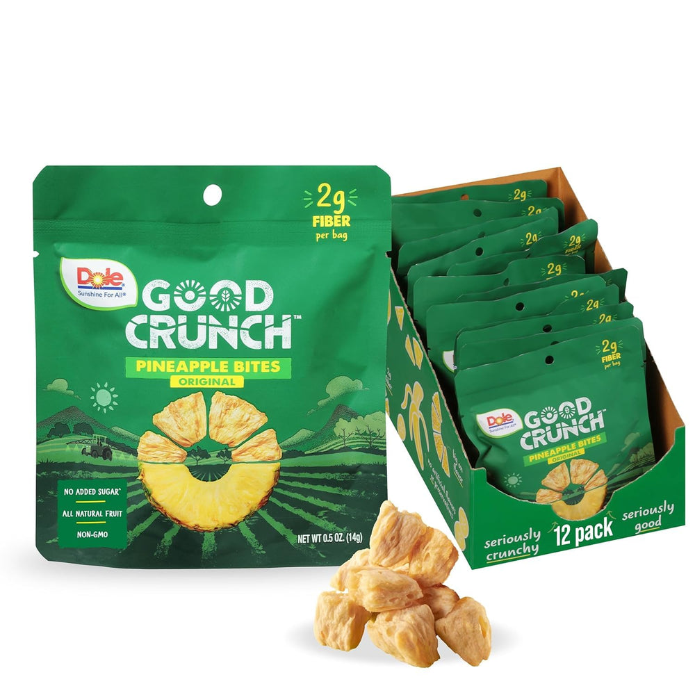 Dole Good Crunch pineapple bites in a 12-pack for quick snacking.