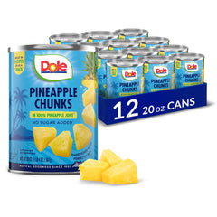 Dole Pineapple Chunks in juice can, convenient tropical fruit option for snacks.