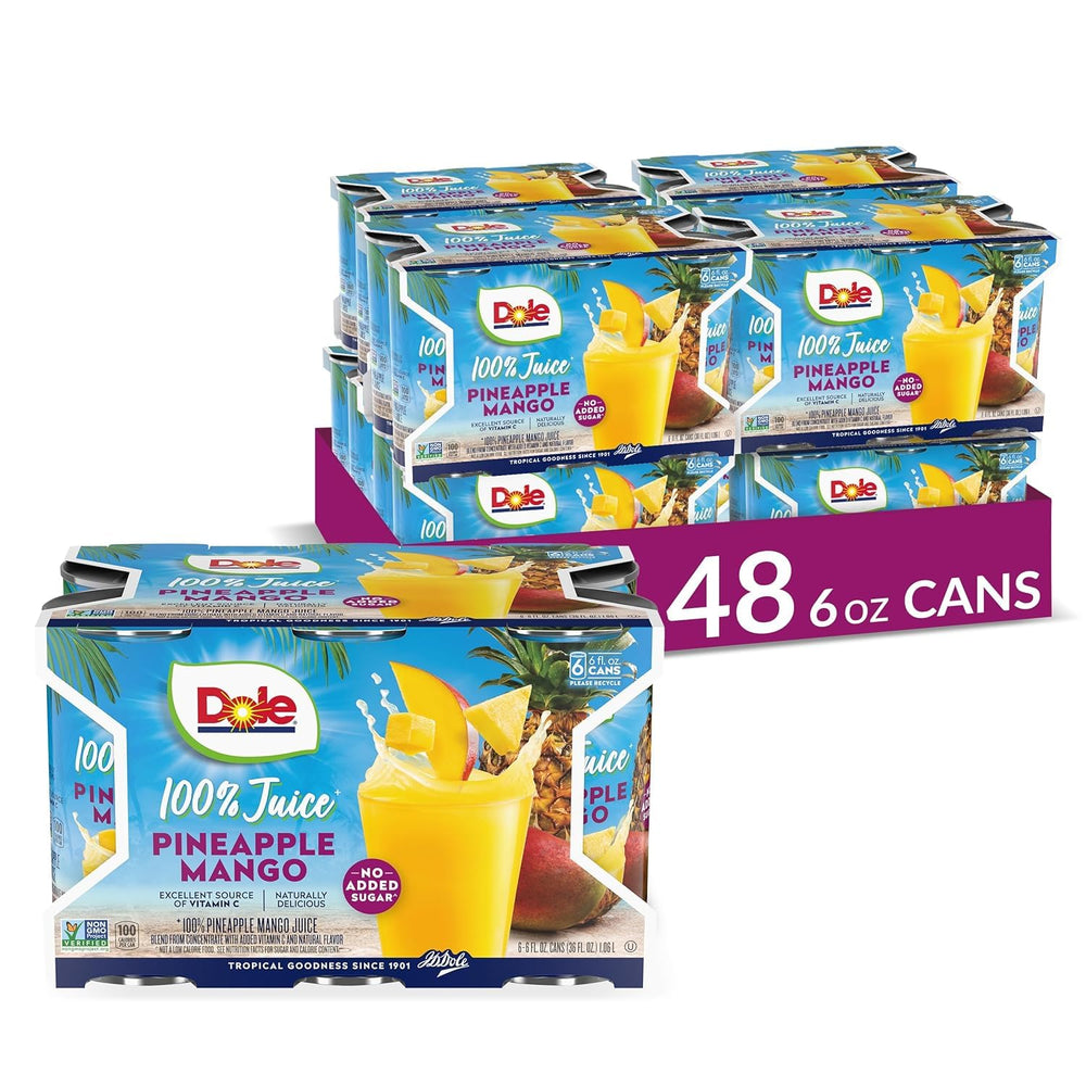 Dole pineapple mango juice cans arranged for pantry storage.