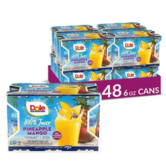 Dole pineapple mango juice cans arranged for pantry storage.