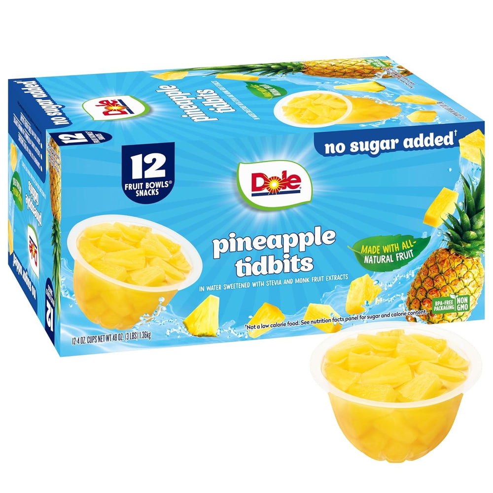 Dole Pineapple Tidbits no sugar added in a bowl for a quick snack.