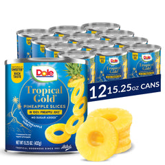 Dole Tropical Gold pineapple slices in juice provide a refreshing, ready-to-eat snack.