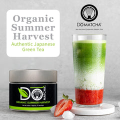 DoMatcha matcha powder close-up highlights vibrant green color for lattes.