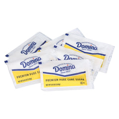 Closeup of Domino sugar packet packaging showing restaurant-grade purity.