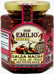 Don Emilio Hot Chili Salsa Macha jar-top shows bold flavor and texture for bold meals.