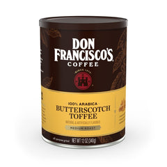 Don Francisco's Butterscotch Toffee ground coffee canister with rich aroma for a comforting morning routine.