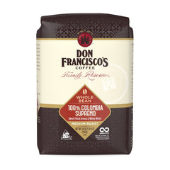 Don Francisco's Colombia Supremo whole bean bag on display for a rich morning ritual.